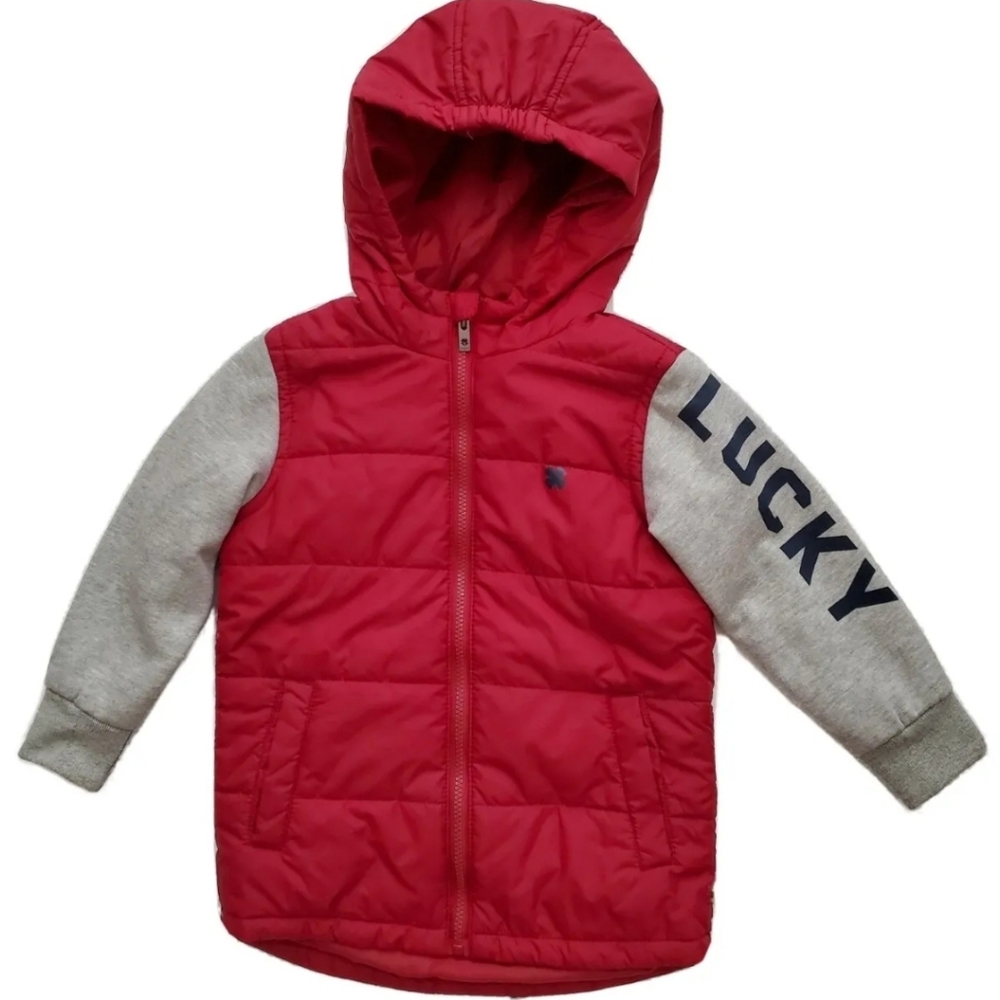 Lucky Brand Red Gray Quilted Plush Lined Girl Hooded Jacket Size 6
